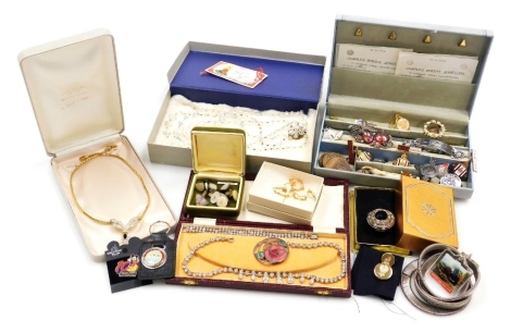 Lady's and gentleman's costume jewellery, including necklaces and brooches, together with Northampton Junior Tech School Athletics medals, further badges, etc. (a quantity)