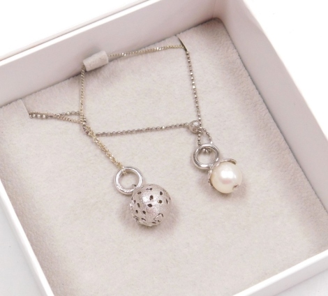 A Blossom of Copenhagen silver ball bird cage necklace, together a with pearl set droplet necklace, boxed.