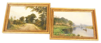 A. Knight (late 19th/early 20thC). Rural scenes, depicting children on a country lane and man fishing in lake, signed, oil on canvas, 30cm x 44cm.