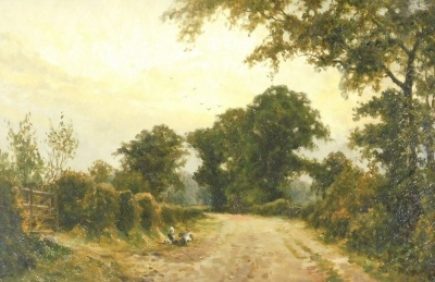 A. Knight (late 19th/early 20thC). Rural scenes, depicting children on a country lane and man fishing in lake, signed, oil on canvas, 30cm x 44cm. - 2