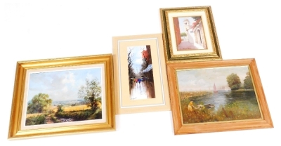 A group of pictures, to include P. Bradshaw, rural scene with path and geese, oil on canvas, signed, 30cm x 39cm, R. Sterrantino, Castelmola, oil on board, signed, 23cm x 17cm, etc.