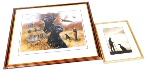 After John Trickett. Shooting Days, signed, limited edition print number 10/95, 32cm x 72cm, and M. G. Bamford, silhouette of a dog and farmer, watercolour, signed, 35cm x 25cm.