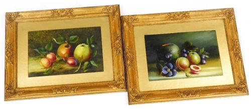 K.J. (20thC School). Still life, fruit, flowers and vase, oil on board, pair, 19.5cm x 27.5cm.