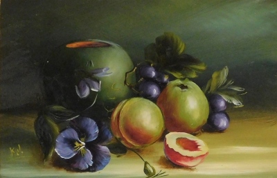 K.J. (20thC School). Still life, fruit, flowers and vase, oil on board, pair, 19.5cm x 27.5cm. - 2