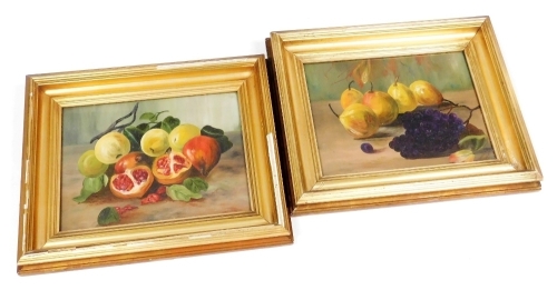 Irene L. Hayes (early 20thC School). Still life, fruit, oil on board, signed, 29cm x 38cm, and another pears and grapes, signed and dated 1910, 30cm x 38cm. (2)