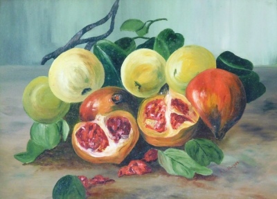 Irene L. Hayes (early 20thC School). Still life, fruit, oil on board, signed, 29cm x 38cm, and another pears and grapes, signed and dated 1910, 30cm x 38cm. (2) - 2