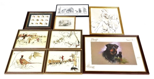 Various pictures, prints, etc., to include after Cecil Aldin, four works, depicting hunting scenes, each 25cm x 34cm, framed, 19cm x 24cm, study of a Rottweiler, indistinctly signed, limited edition print number 194, 30cm x 48cm, etc.