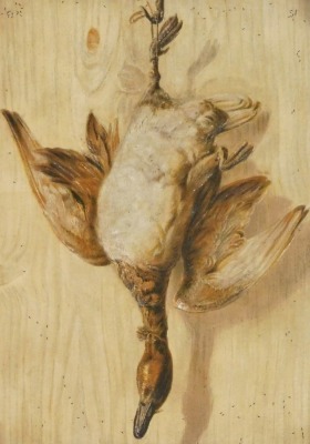 A set of four late 19thC relief embossed lithographs of hanging game, comprising two ducks, a pair of partridge, and a group of fish, 25cm x 18cm. - 2