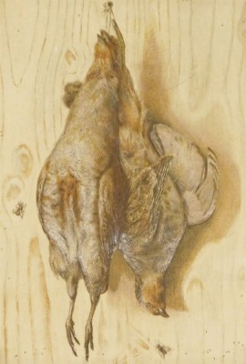 A set of four late 19thC relief embossed lithographs of hanging game, comprising two ducks, a pair of partridge, and a group of fish, 25cm x 18cm. - 3