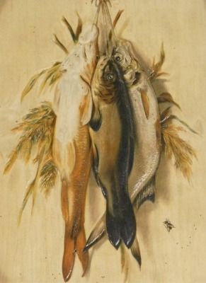 A set of four late 19thC relief embossed lithographs of hanging game, comprising two ducks, a pair of partridge, and a group of fish, 25cm x 18cm. - 5