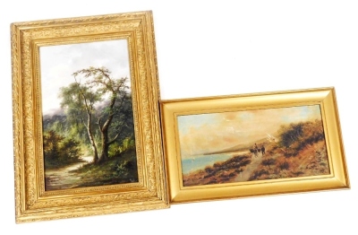 Late 19th/early 20thC School. River scene with trees and mountains to background, oil on board, signed Joel, 36cm x 21.5cm, and figure on a coastal path, oil on canvas, indistinctly signed and dated 1911, 17cm x 34cm. (AF)