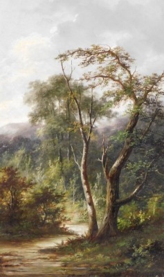 Late 19th/early 20thC School. River scene with trees and mountains to background, oil on board, signed Joel, 36cm x 21.5cm, and figure on a coastal path, oil on canvas, indistinctly signed and dated 1911, 17cm x 34cm. (AF) - 2