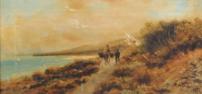 Late 19th/early 20thC School. River scene with trees and mountains to background, oil on board, signed Joel, 36cm x 21.5cm, and figure on a coastal path, oil on canvas, indistinctly signed and dated 1911, 17cm x 34cm. (AF) - 4