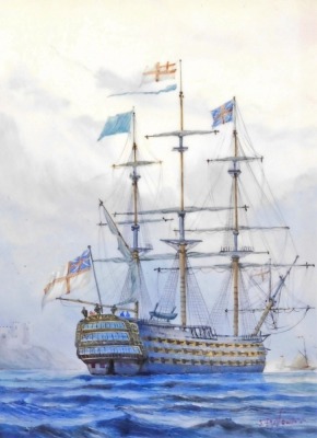 A porcelain plaque depicting a British Naval ship, painted by Stefan Nowacki, signed, 18.5cm x 13.5cm, in a gilt frame.