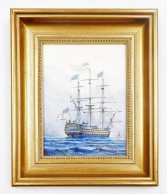 A porcelain plaque depicting a British Naval ship, painted by Stefan Nowacki, signed, 18.5cm x 13.5cm, in a gilt frame. - 2