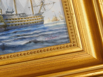 A porcelain plaque depicting a British Naval ship, painted by Stefan Nowacki, signed, 18.5cm x 13.5cm, in a gilt frame. - 3