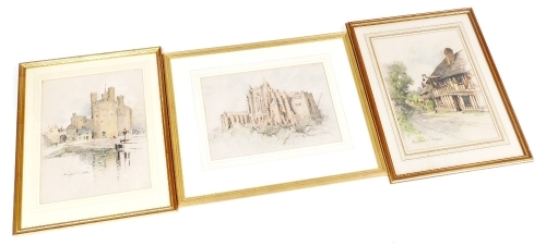 Marjorie C. Bates. Three works, comprising timber framed pub, pastel, signed, 38cm x 29cm, view of a castle from the water, pastel, signed, 38cm x 28cm, and another.