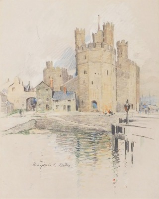 Marjorie C. Bates. Three works, comprising timber framed pub, pastel, signed, 38cm x 29cm, view of a castle from the water, pastel, signed, 38cm x 28cm, and another. - 2