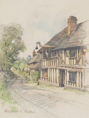 Marjorie C. Bates. Three works, comprising timber framed pub, pastel, signed, 38cm x 29cm, view of a castle from the water, pastel, signed, 38cm x 28cm, and another. - 4