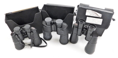 A pair of Super Zenith 10x50 wide angled field binoculars, a pair of Tenton USSR x 50 binoculars, no.196107, and a pair of Nikon Owl II 7x50 binoculars, all cased. (3)