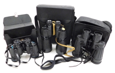 A pair of Miranda 8x40 binoculars, a pair of US pattern 10x60 binoculars, and a pair of Opticron Marine Pro Series II 7x50 field binoculars, all cased. (3)