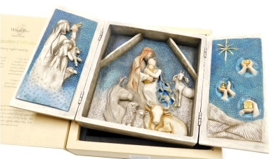 A Willow Tree Signature Collection Starry Night Nativity Scene, designed by Susan Londi, of triptych form, depicting The Virgin Mary, Joseph and the baby Jesus surrounded by animals, and the three wise men, 22cm x 21.5cm, in outer box.