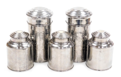 A set of five stainless steel Zhen Neng tea canisters, 19cm high and 13cm high. (5)