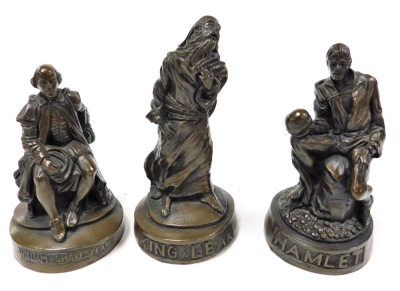 Three bronzed plaster figures, modelled as William Shakespeare, Hamlet and King Lear, 14cm, 15cm, 17cm respectively.