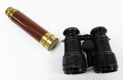 An early 20thC brass and wooden bound three draw telescope, together with a pair of leather bound field glasses. (2) - 3