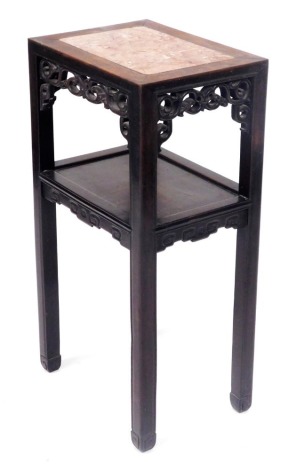 A late 19thC Chinese hardware jardiniere stand, of rectangular section with an inset marble top, carved scroll frieze with an under tier, raised on square legs, 81cm high, 42cm wide, 31.5cm deep.