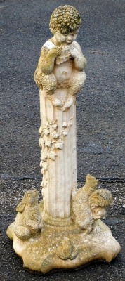 A composition garden statue, of a fawn playing a musical instrument, on a pedestal surrounded by woodland animals, 83cm high.