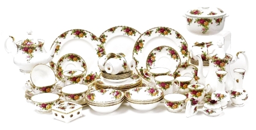 A Royal Albert Old Country Roses porcelain part dinner, tea and coffee service, comprising a vegetable tureen and cover, six dinner and dessert plates, four soup cups and six saucers, teapot, coffee pot, sugar bowl, six coffee cups and saucers, six teacup