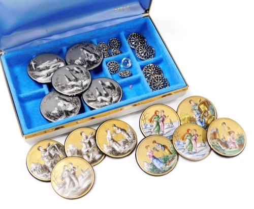 Five 19thC enamel buttons, decorated with pastoral scenes, similar buttons decorated in grey and gold, and five en grisaille buttons decorated with scenes from Aesop's fables, together with later steel buttons.