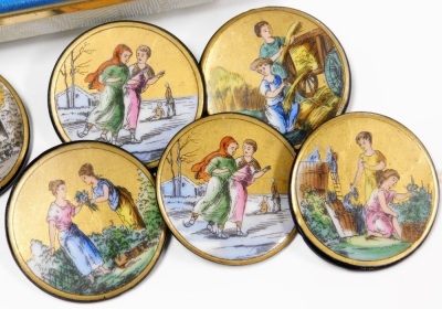 Five 19thC enamel buttons, decorated with pastoral scenes, similar buttons decorated in grey and gold, and five en grisaille buttons decorated with scenes from Aesop's fables, together with later steel buttons. - 4