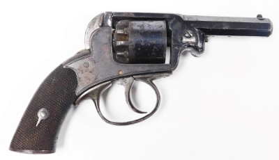 A Victorian double action percussion revolver, patent number 38162, together with a bullet mould, shot flask and other shooting apparel, in an oak case. - 4