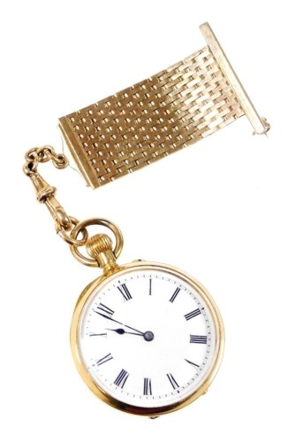 An early 20thC lady's 18ct gold pocket watch, open faced, keyless wind, circular white enamel dial bearing Roman numerals, with 18ct gold cuvette, the case of plain form, back monogram engraved, on a 9ct gold fob, 43.7g all in.