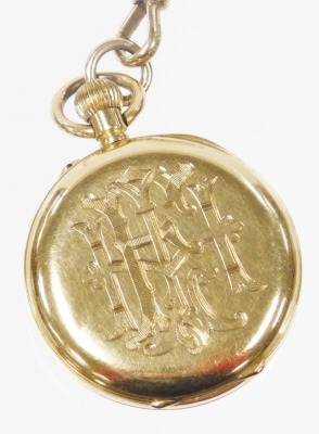 An early 20thC lady's 18ct gold pocket watch, open faced, keyless wind, circular white enamel dial bearing Roman numerals, with 18ct gold cuvette, the case of plain form, back monogram engraved, on a 9ct gold fob, 43.7g all in. - 2