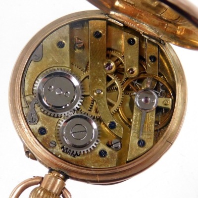 An early 20thC lady's 9ct rose gold pocket watch, open faced, keyless wind, circular enamel dial bearing Arabic numerals, glass lacking, 9ct gold cuvette, the case of plain form, 20.0g all in. (AF) - 2