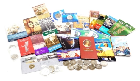 Commemorative crowns, two pound coins, including Four Minute Mile, DNA, Scouts, Charles Darwin 200th Anniversary, Royal commemorative crowns, and other uncirculated coinage.(a quantity)