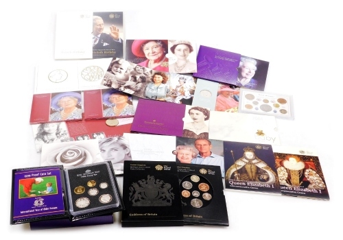 United Kingdom coin sets, including proof coin sets 1999 International Year of Older Persons, Emblems of Britain, and Baby Gift Set 2001, a pre decimal British Coinage Set, Royal Commemorative crowns, etc.