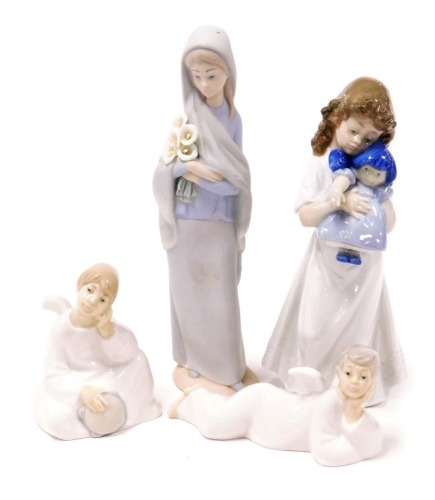 A Lladro matt figure of a girl holding a bunch of Calla lilies, a Nao figure of a girl holding a doll, and two Nao figures of cherubs. (4)