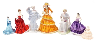 A group of Wedgwood, Coalport and Royal Doulton porcelain figures, comprising Royal Doulton Pretty Ladies Diana HN5334, Natalie HN5545, For My Love HN5158, Coalport Debutante Of The Year 1998 figure Daffodil Ball, and Minuettes figure Summertime, a Wedgwo