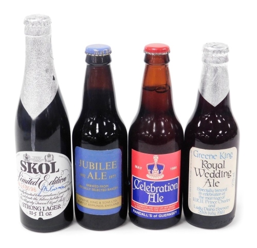 Four Royal commemorative ales and lagers, comprising a Greene King and Sons Jubilee Ale 1977, Randall's of Guernsey Celebration Ale 1984, Greene King Royal Wedding Ale for the marriage HRH Prince Charles and Lady Diana Spencer 1981, and a Skol limited edi