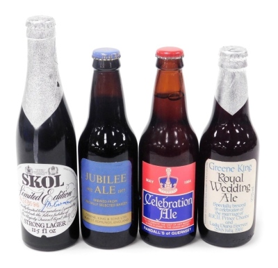 Four Royal commemorative ales and lagers, comprising a Greene King and Sons Jubilee Ale 1977, Randall's of Guernsey Celebration Ale 1984, Greene King Royal Wedding Ale for the marriage HRH Prince Charles and Lady Diana Spencer 1981, and a Skol limited edi