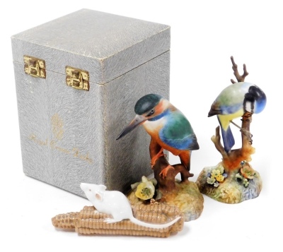 A Royal Crown Derby porcelain figure of a Kingfisher, boxed, further figure of a Blue Tit, by S Beardsall, and a Royal Copenhagen porcelain figure of a white mouse on a corn cob. (3, AF)