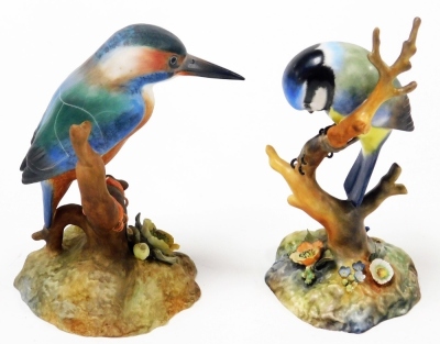 A Royal Crown Derby porcelain figure of a Kingfisher, boxed, further figure of a Blue Tit, by S Beardsall, and a Royal Copenhagen porcelain figure of a white mouse on a corn cob. (3, AF) - 2