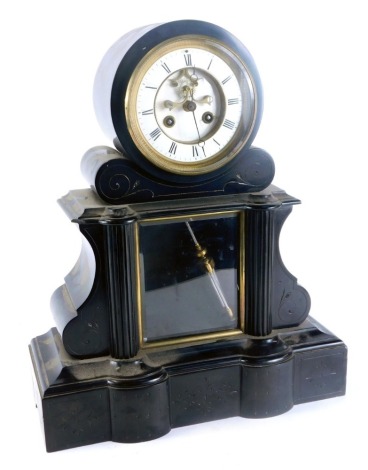 A 19thC black marble mantel clock, the raised open work top, with Roman numeric dial and visible brocot escapement, mercury pendulum, on a stepped base, 47cm high, 37cm wide, 16cm deep.