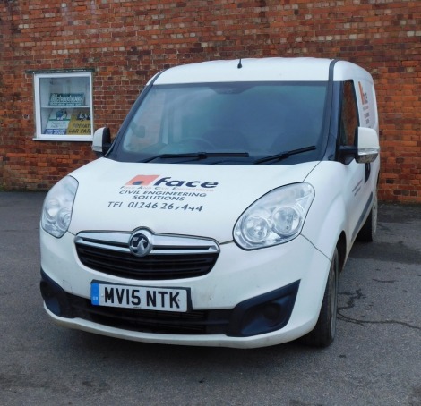 A 2015 Vauxhall Combo-D Panel Van, registration MV15 NTK, current mileage 132,350, V5 present. NB. In addition to Buyer's Premium VAT is payable on the hammer price of this lot. The vehicle is to be sold Without Reserve.