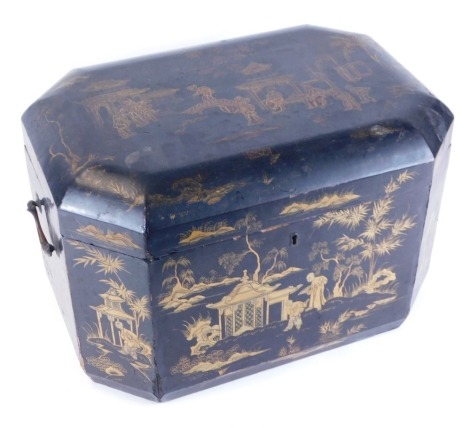 A 19thC chinoiserie black lacquer casket, of canted rectangular form, with brass handles, painted red figures and trees picked out in gilt, 30cm high, 43cm wide, 30cm deep.