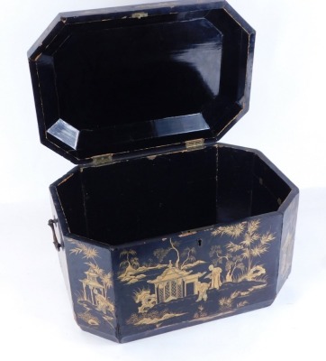 A 19thC chinoiserie black lacquer casket, of canted rectangular form, with brass handles, painted red figures and trees picked out in gilt, 30cm high, 43cm wide, 30cm deep. - 2